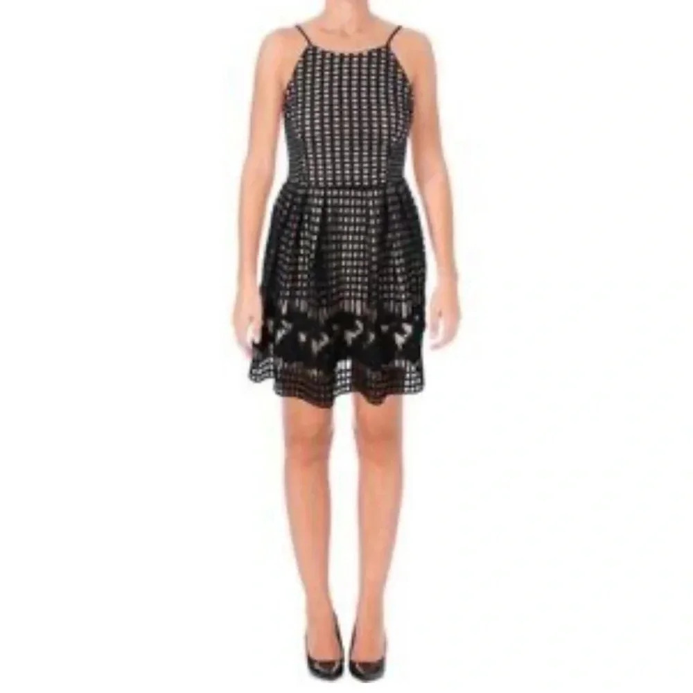 Aqua Black Nude Crochet Lace Check Square Woven Overlay Mini Dress Size Medium